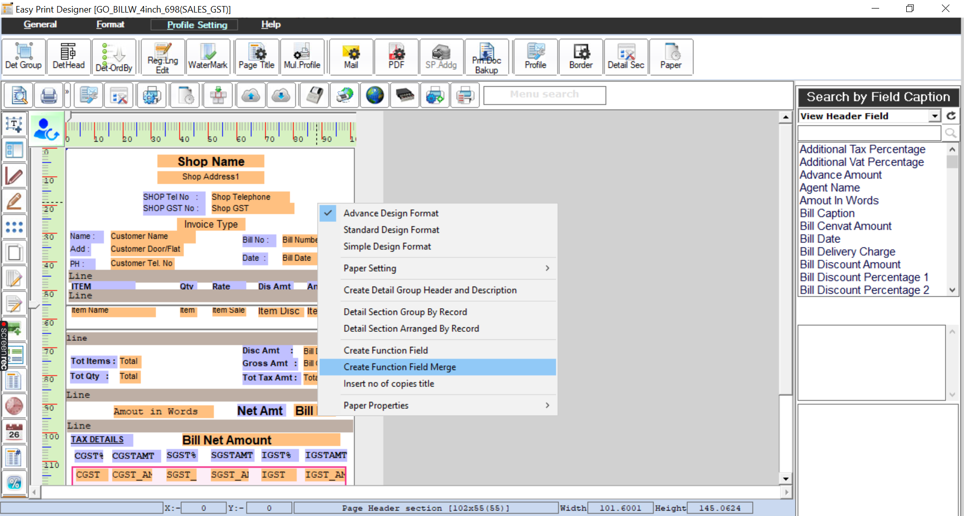 Right click on the design area and select Create Function Field Merge option