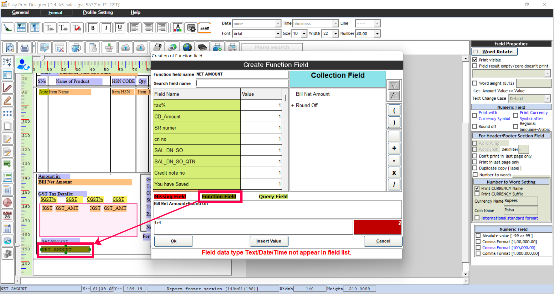 In design area right click and choose 'Create Function Field' and create a Function Field as per your need. For more help, you can also refer to this video