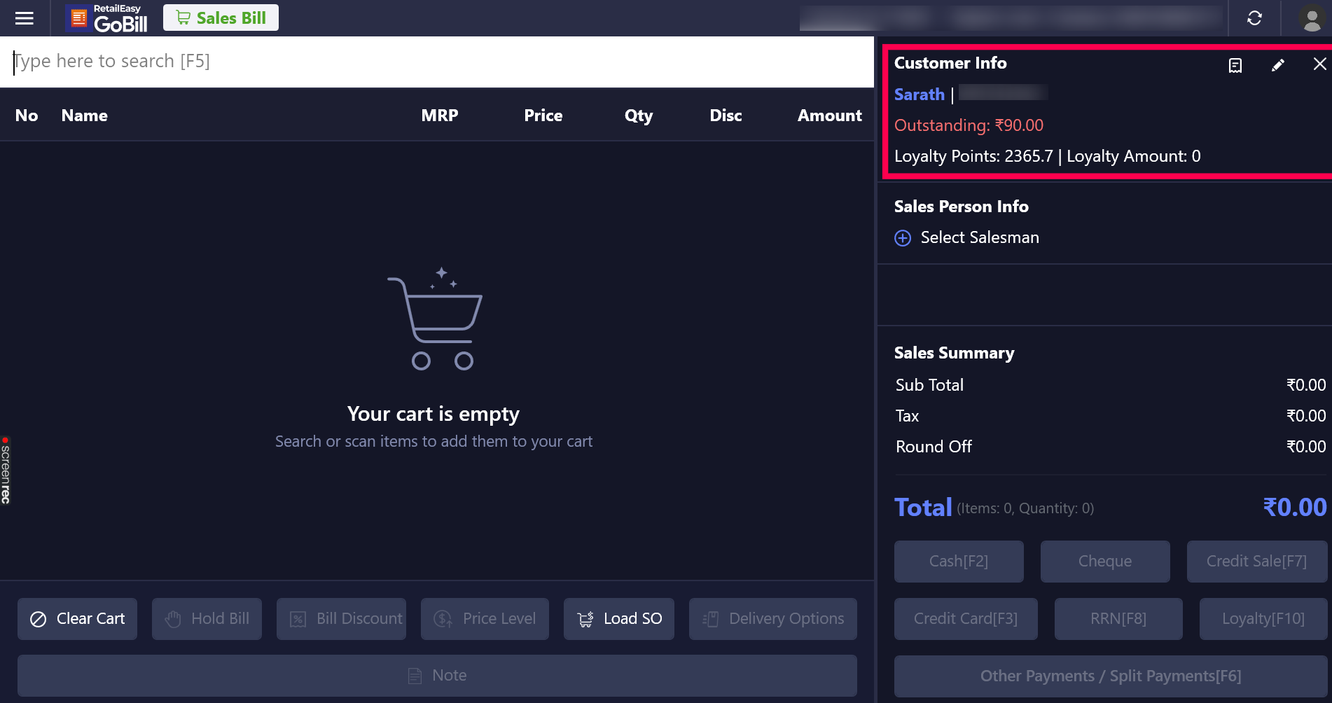 In the sales cart select the specified customer for billing   